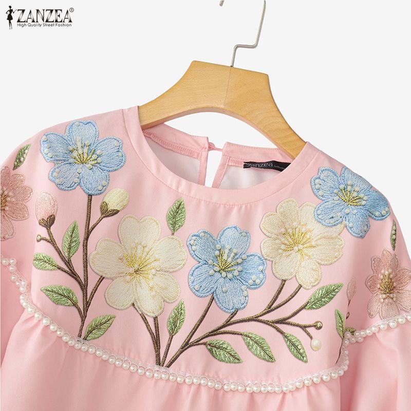 ZANZEA Blusa casual da donna a maniche 3/4 con scollo rotondo e stampa floreale ampia