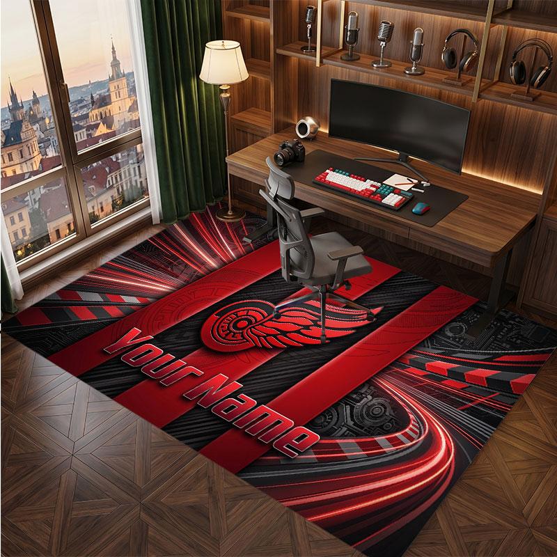 Detroit Red Wings Personalized Crystal Velvet Carpet, Customized Name Text Soft Anti‑Slip Rug for Living Room Bedroom