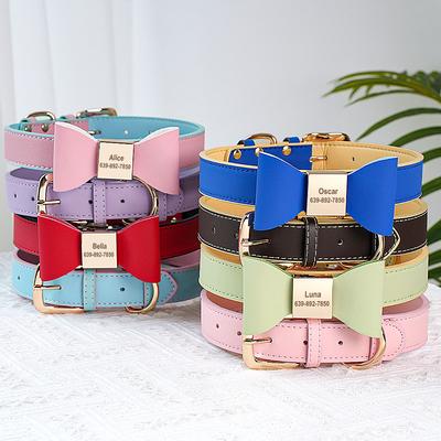 Personalized Dog Collar Cute Bowknot Engraved Dog Collars PU Leather Puppy Cat Necklace Adjustable for Small Medium Large Dogs