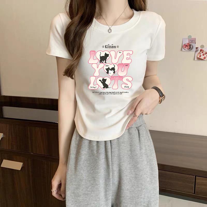 

Summer cotton short-sleeved white women s T-shirt, sweet and fresh half-sleeved loose printed girly bottoming shirt tide M