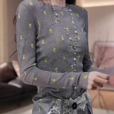 Gray Printed Mesh Top Women's Summer Sheer Outfit Long-Sleeve Thin Sun Protection Cover-Up Versatile Slim-Fit T-Shirt