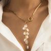 Temperament Retro Rice Grain Pearl Fringed Necklace Women, Trendy Metal Flat Snake Chain Collarbone Necklace