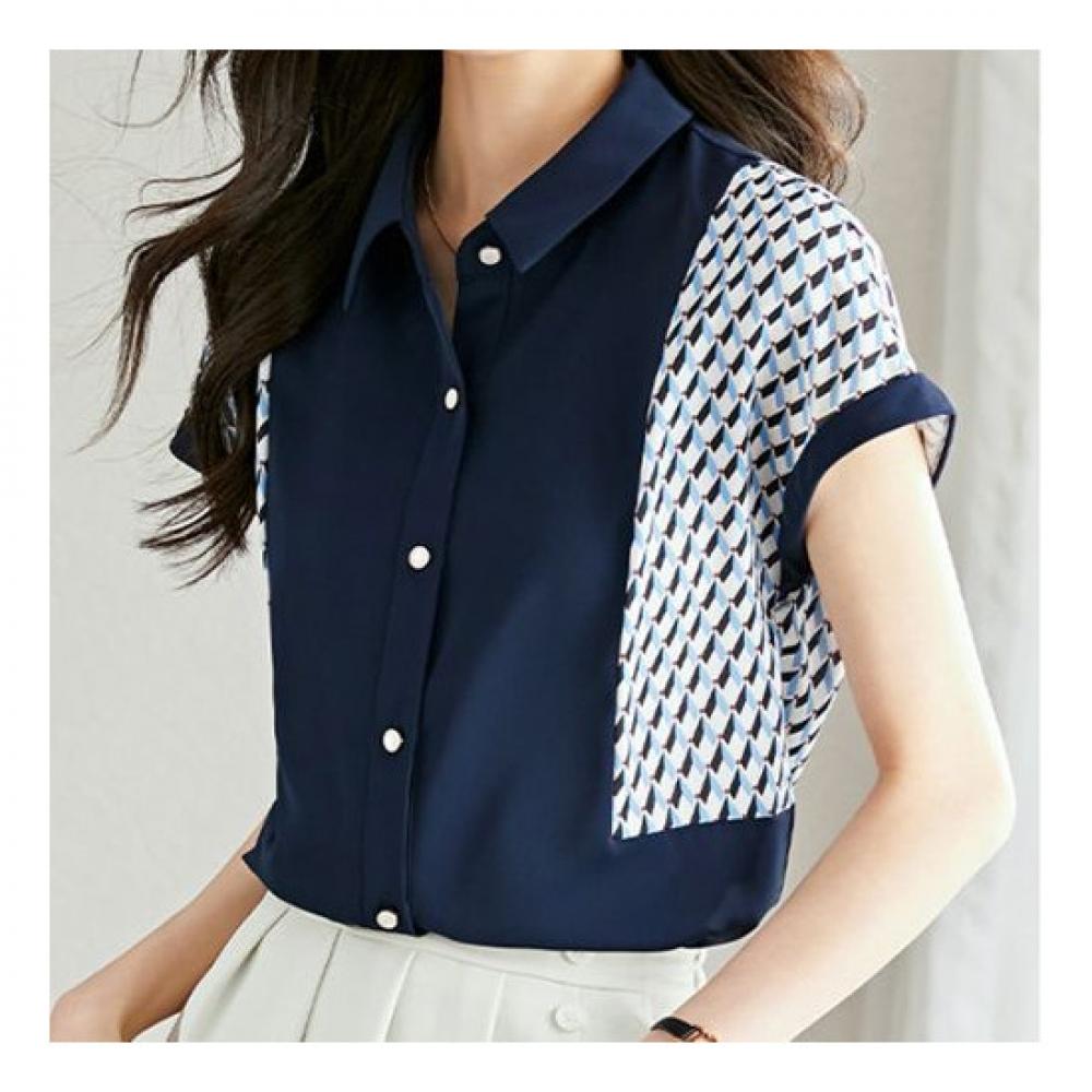 Navava Women Vintage Pattern Collar Cap Sleeve Shirt Nb1476