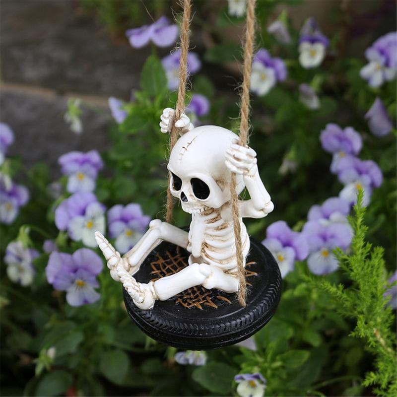 Scary Skeleton a Swing Hanging Statue Garden Decors Tire Swing Skull Sculptures Hanging Ornament for Patios Lawn Yard