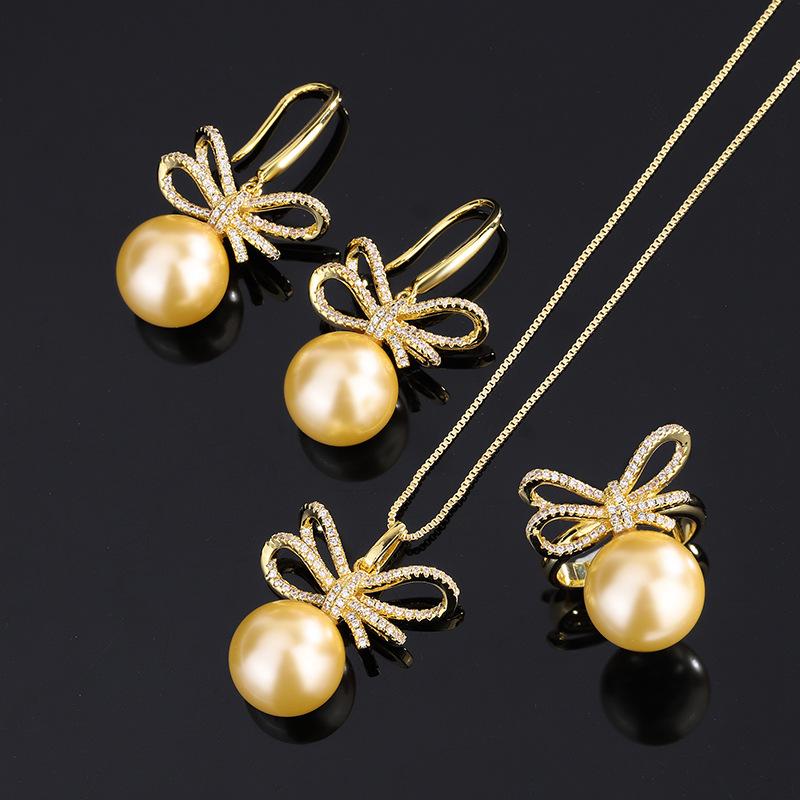 Jewelry Copper Bottom Gold-Plated Inlaid Light Gold Beads Bow Diamond-Set Female 14Mm