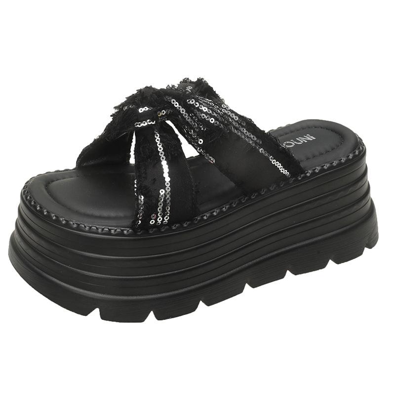 

Muffin heel color thick-soled cool slippers women s wear popular round head new summer fashion sequined high-heeled sandals women 34 чёрный