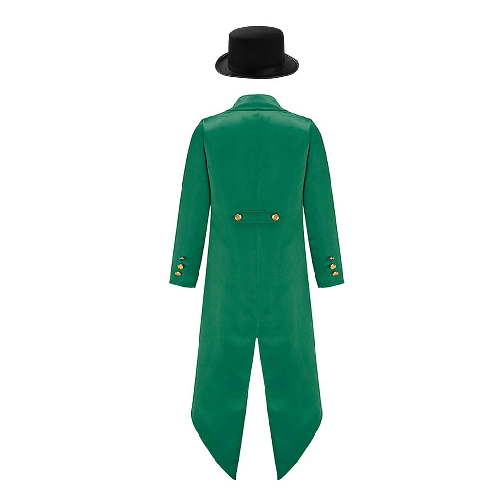 Kids Victorian Costume Retro Renaissance Tailcoat Jacket Gold Buttons Felt Hat Magician Ringmaster Party Outfit