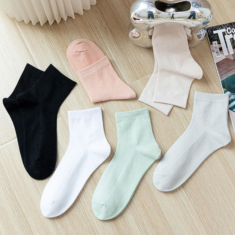 5 Pairs of Women's Summer Thin Style All Match Pure Color Deodorizing Sweat Absorbing Pure Cotton Tube Socks
