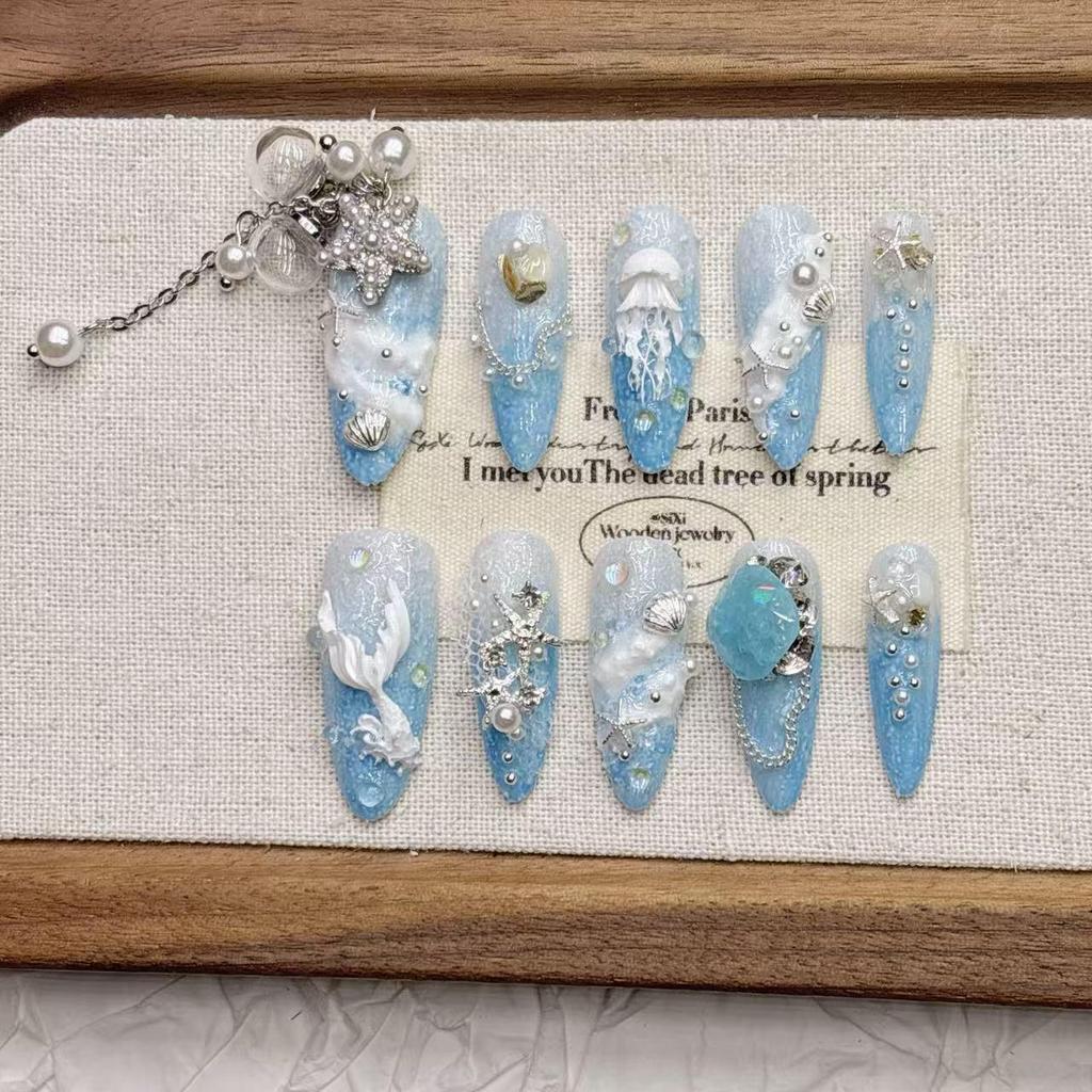 Blue Ocean Silver Tassel Luxury Medium-Length Pointed Nails - Handmade & Wearable