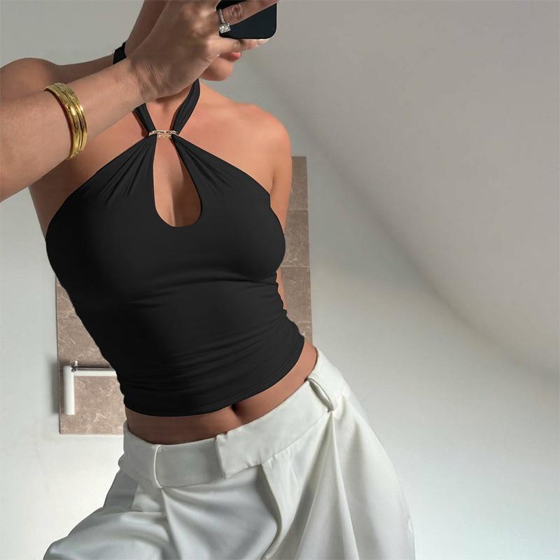 Dames halter tanktop met sleutelgat halslijn mouwloos nauwsluitend casual effen kleur cropped top