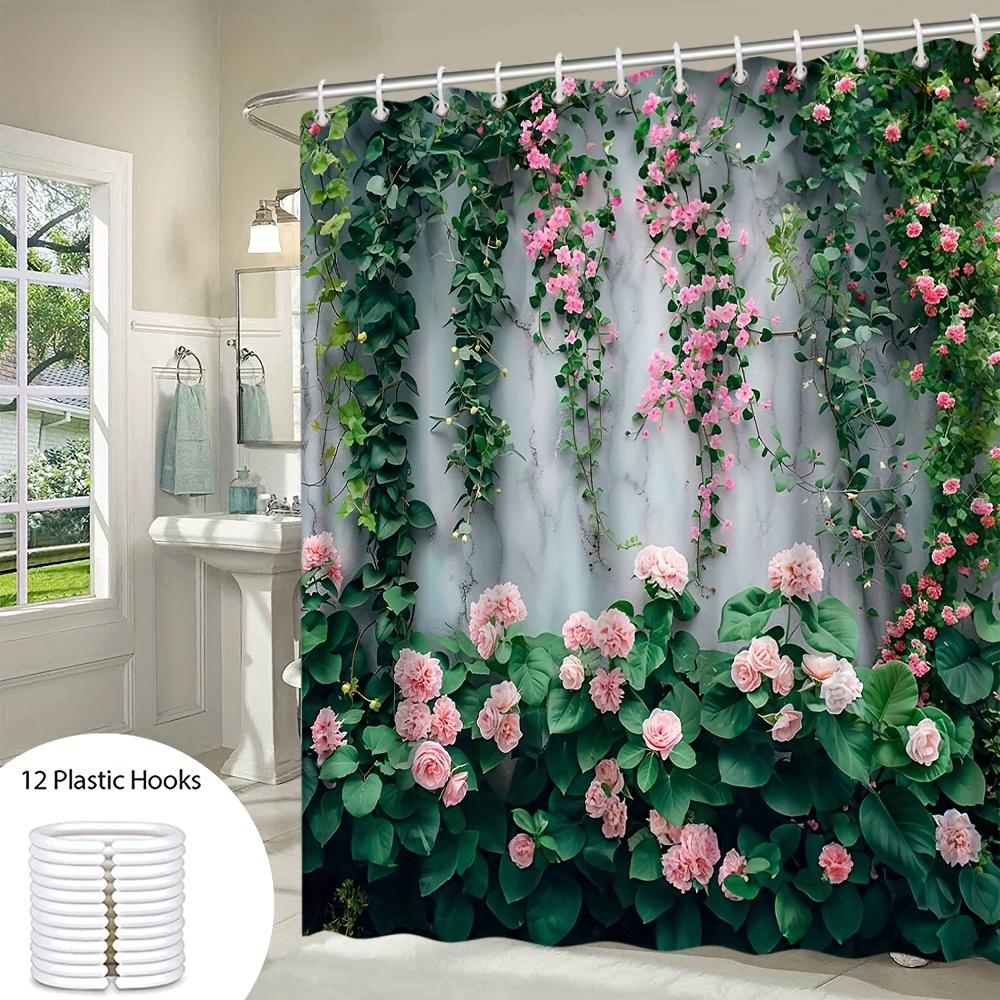 Romantic Floral Bath Curtain - Pink Roses & Green Vines; Waterproof Home Decor Adds Elegance And Beauty To Your Bathroom