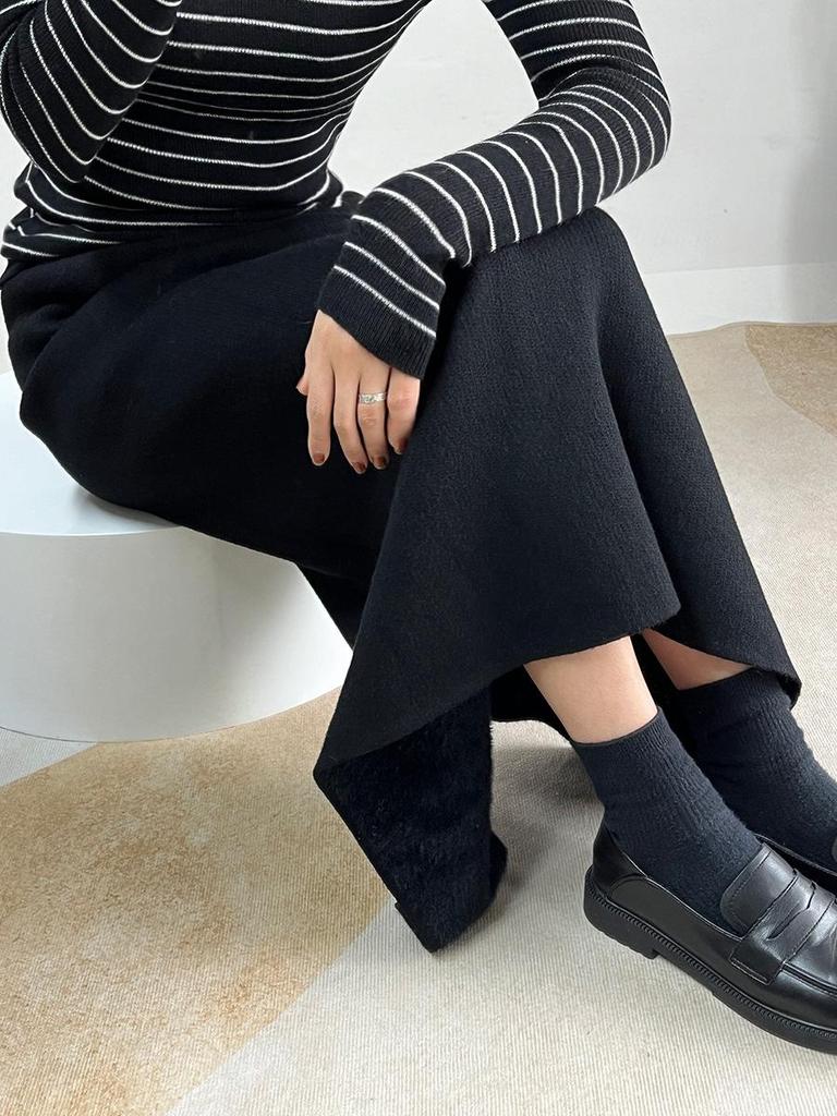 Women's Winter Velvet High Waist Knit Midi Skirt - Thick, Slit, Loose Fit, Bodycon
