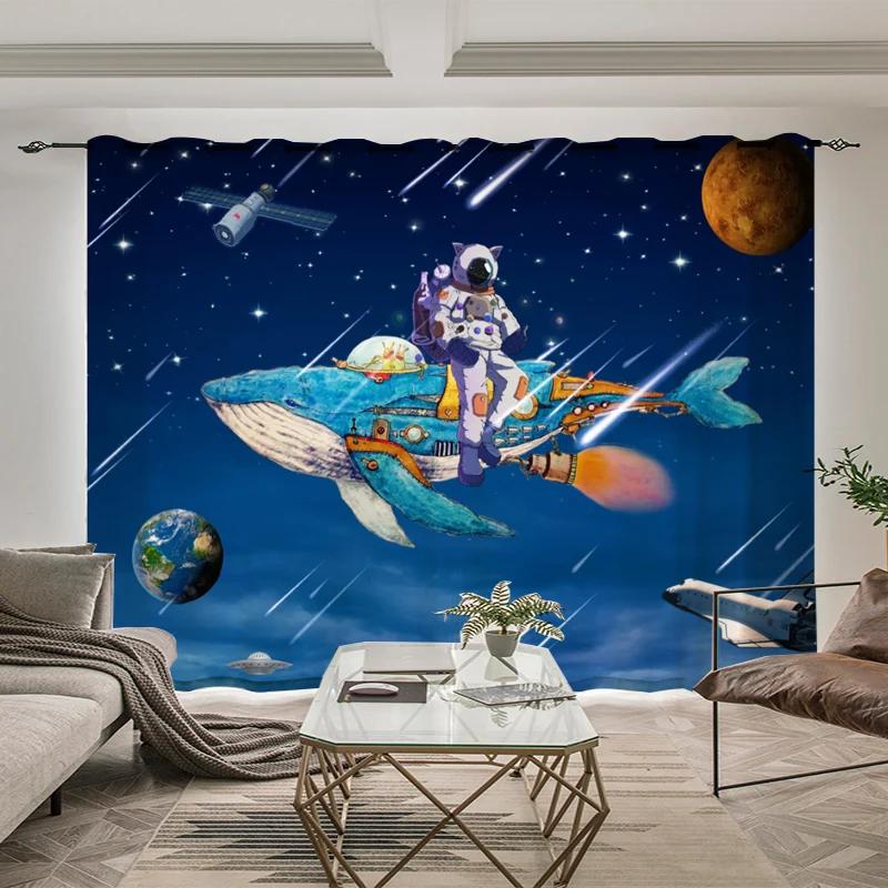 Outer Space Astronaut Pattern High Blackout Curtains Whale Planet Sci-Fi Indoor Shading Drape Children Bedroom Curtain New Style