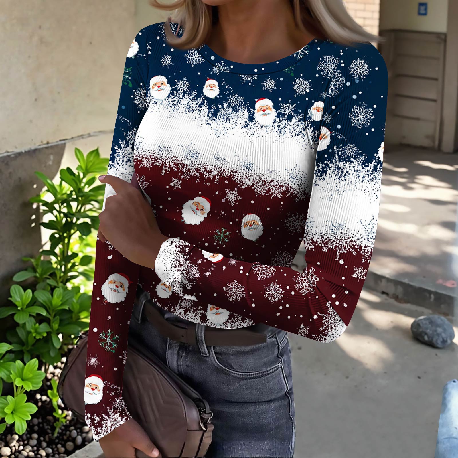 

Женская футболка с облегающим низом, модная повседневная с градиентным принтом, пуловер с круглым вырезом и длинными рукавами XXL синий