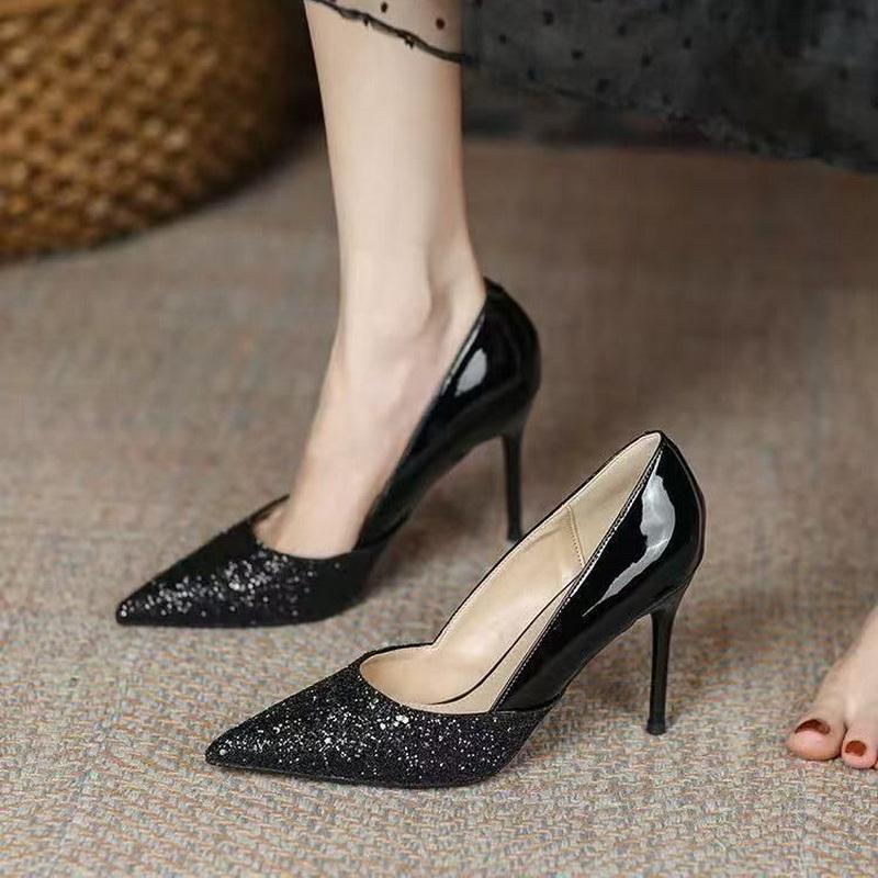

FHC 2025 New Sequince Cloth Spring Office Work Shoes,Women Pumps,High Heels.Pointed Toe,Slip On,Black,Champagne,34-40,Dropship 34