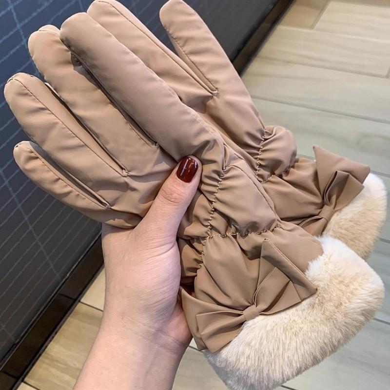 Bow Warm Gloves Fashionable and Versatile Women's Winter Plus Velvet Thickened Touch Screen Riding and Comfortable for Skin