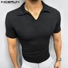 INCERUN Men Lapel Neck Short Sleeve Solid Color Casual Fitted T-shirts Tops