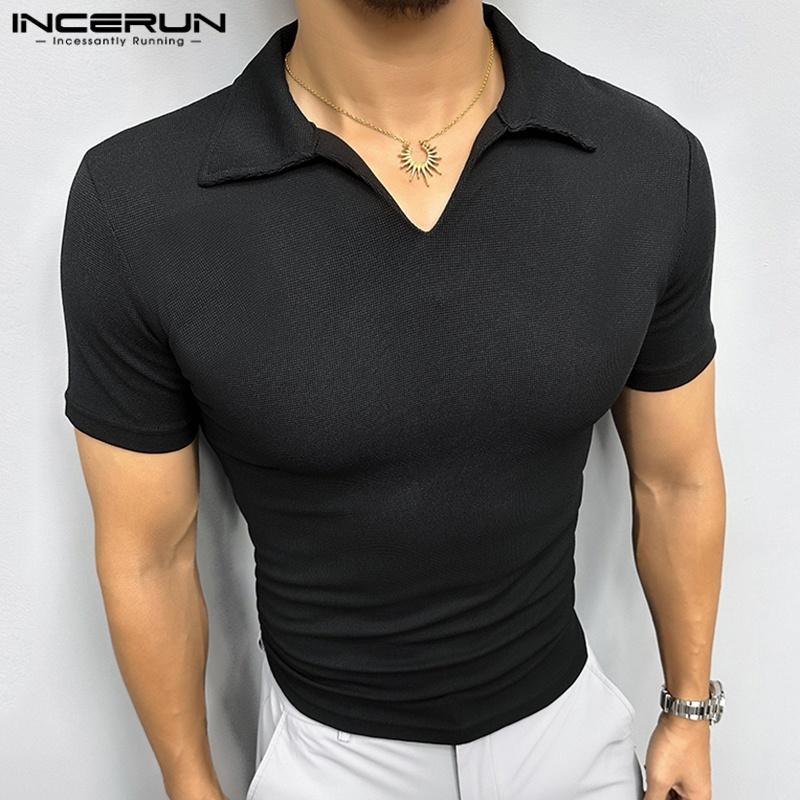 INCERUN Men Lapel Neck Short Sleeve Solid Color Casual Fitted T-shirts Tops