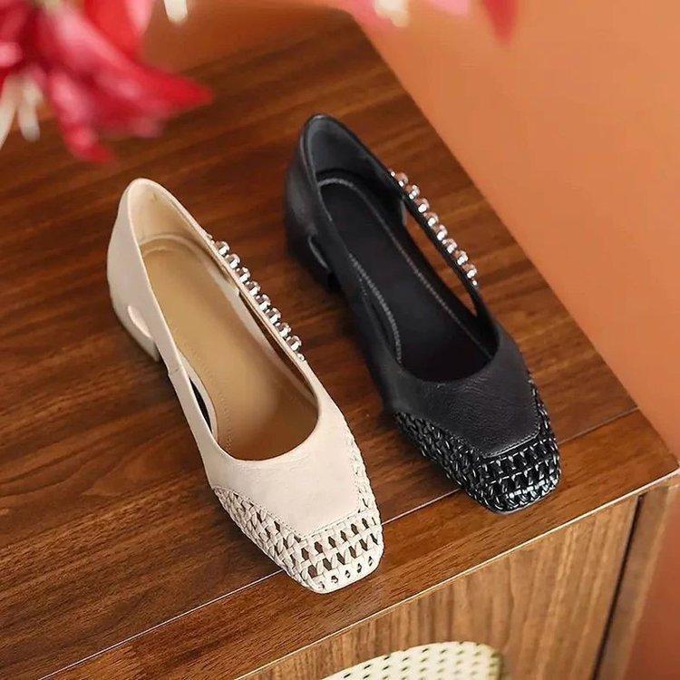 French 2025 New High-end Summer Breathable Woven Single Shoes Women's Shallow Mouth Hollow Rhinestone Medium Thick Heel Women's Shoes
