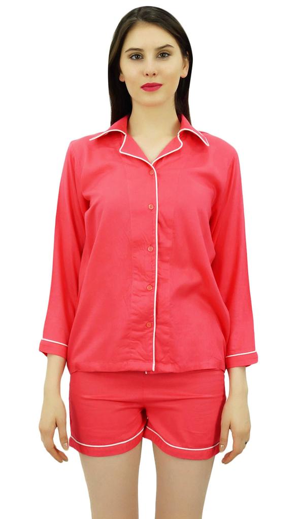 Bimba Button-Down Shirt With Elastic Waist Shorts 2 Pcs Full Sleeve Night Wear