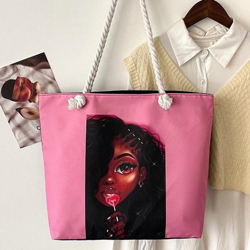 Classic Outdoor Practical Versatile Vintage Canvas Bag Cartoon Printed Portable Beach Bag Large Capacity