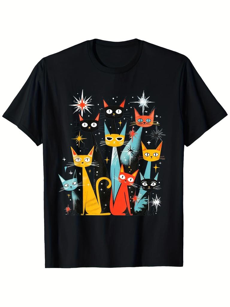 Vintage 50s 60s Mid-Century Modern Style Cat Pattern T-Shirt - Unisex 100% Cotton Soft Breathable Cr