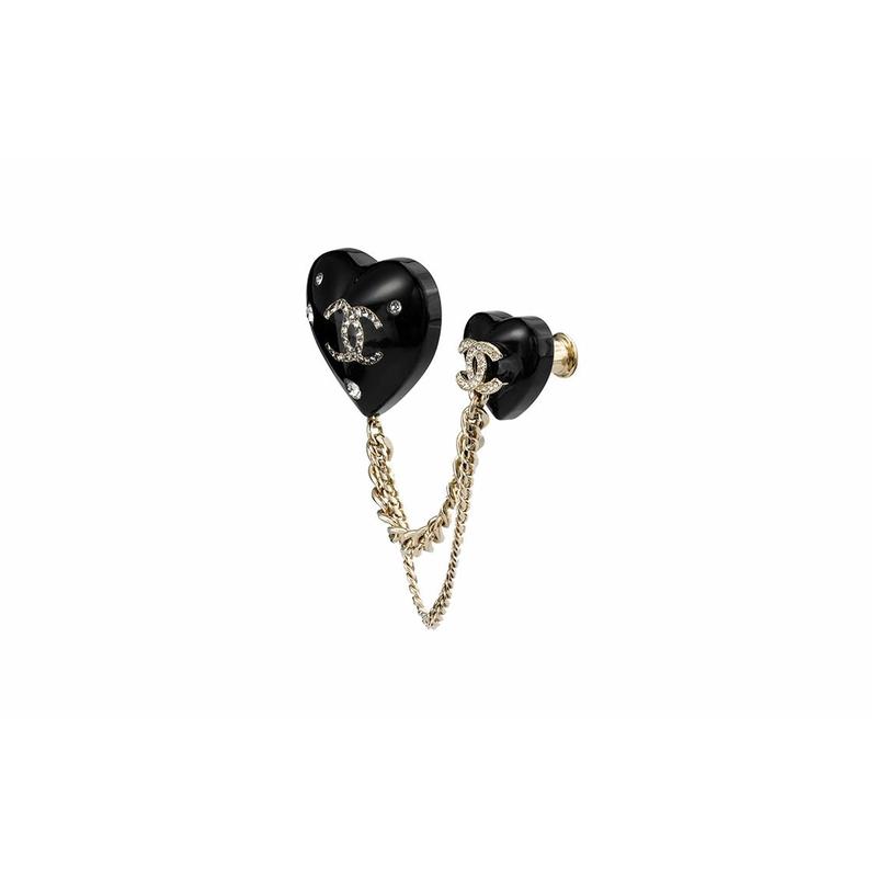 CHANEL Double Love Resin Metal Brooch Women's Black