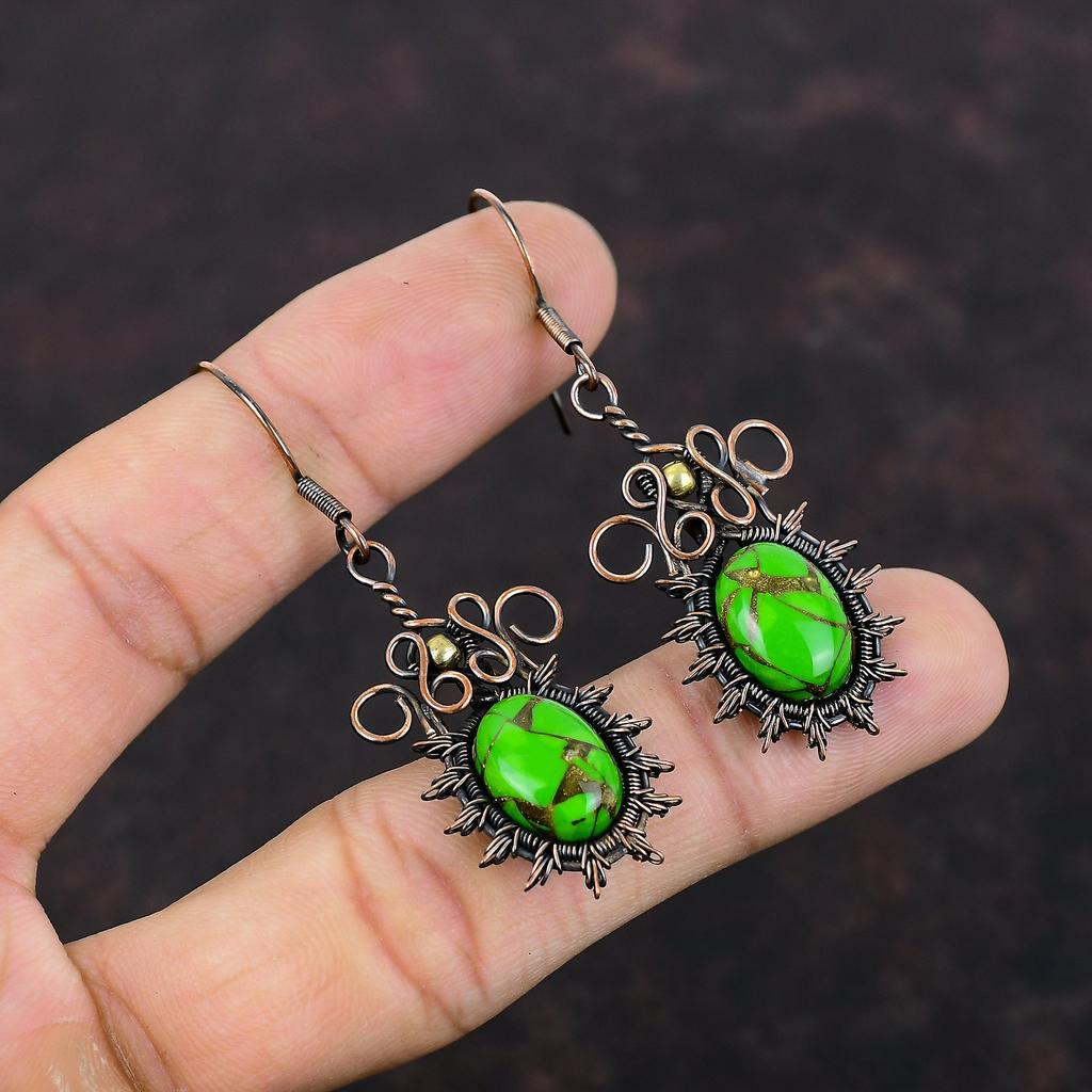 Copper Green Turquoise Earring Copper Wire Wrapped Earrings Beautiful Gemstone Jewelry Handmade Earring Anniversary Gift Copper Wire Jewelry