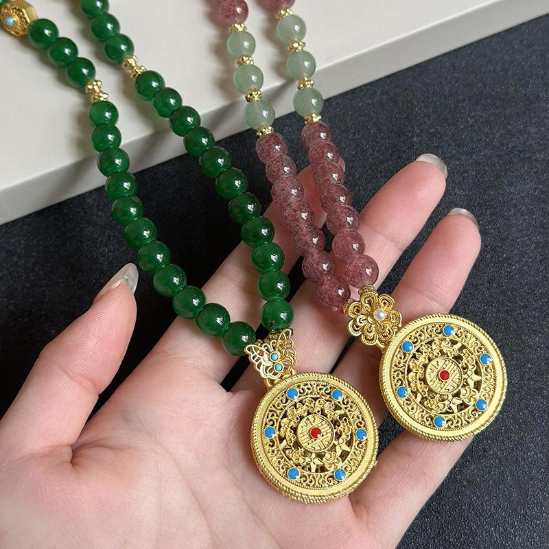 Ethnic Style Hollow Carved Lucky Bag Pendant Green Imitation Jade Handmade Beaded Long Necklace