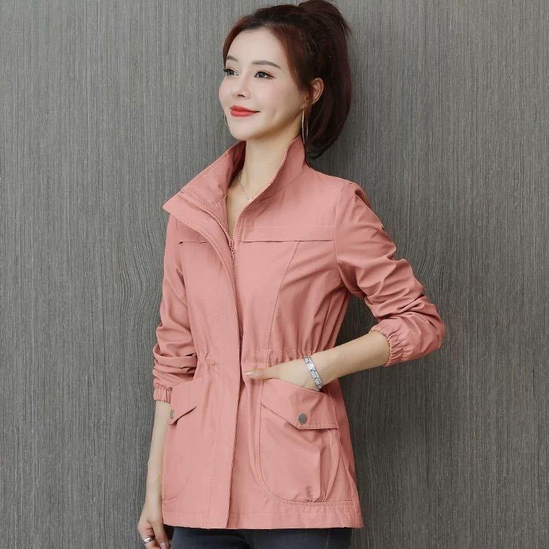 2026 New Korean Style Slim-Fit Windbreaker for Women, Spring and Autumn Stand-Up Collar Solid Color Coat