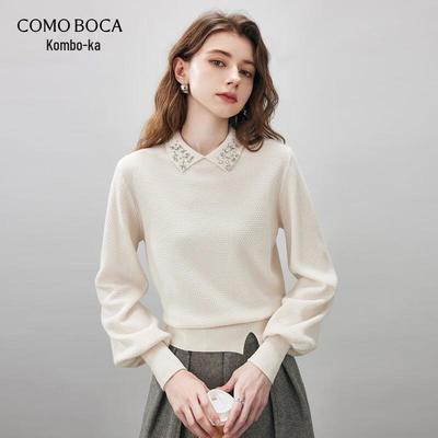 Komomboka Women's 100% Wool Lapel Lantern Sleeve Sweater