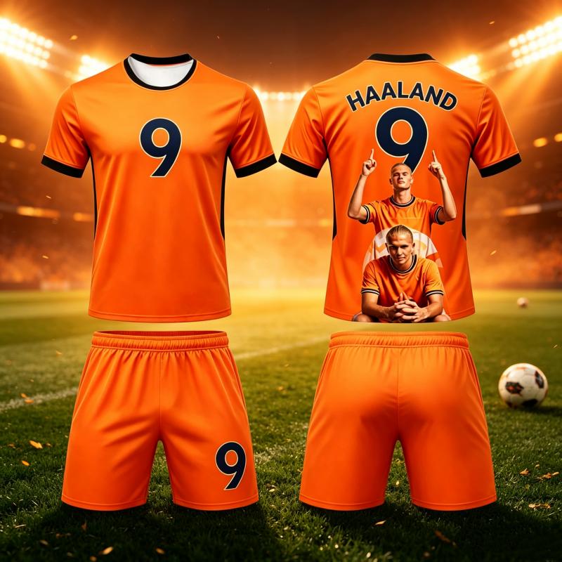 Summer New Haaland #9 Football Jersey Sports Short Sleeve T-shirts and Shorts Set Breathable Soft Fan Clothing Family Kids Tees