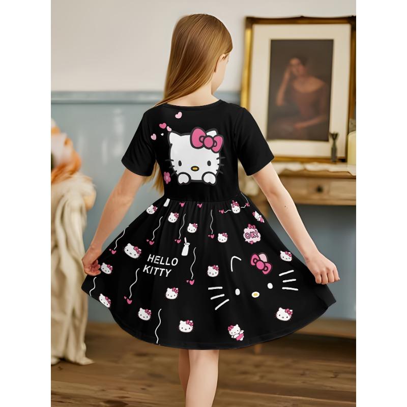 Girl's 3D Cat Print Maxi Dress, Elegant Round Neck + Loose Fit, Ideal for Daily Picnics, Sweet Picnic Outfit