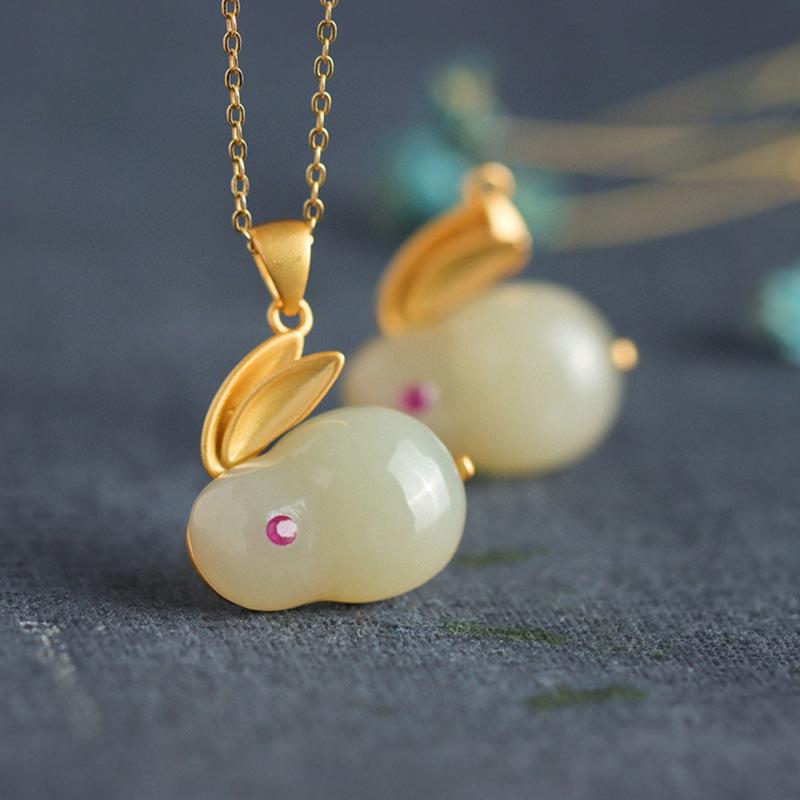 Hetian Jade Rabbit Necklace Female Summer Light Luxury Niche Design Sense Jade Rabbit Stainless Steel Clavicle Chain