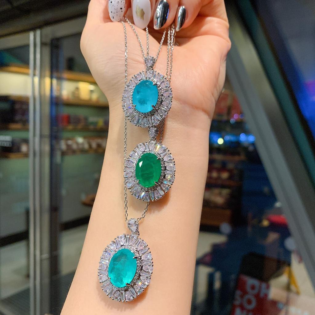 Huameimei Cross Border New Simulated Grandmother Emerald Necklace Artificial Paraiba Pendant