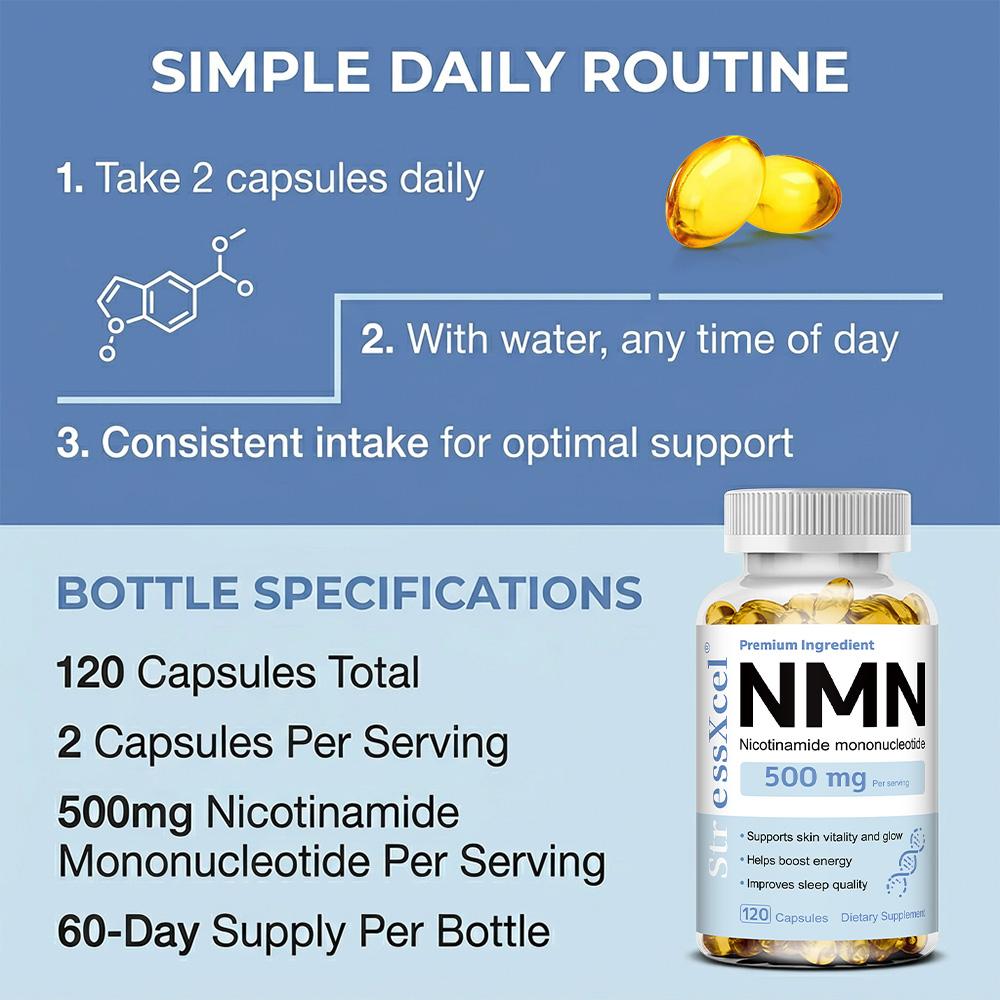 Nicotinamid-Mononukleotid 500 mg Nahrungsergänzungsmittel, 120 Weichkapseln pro Flasche