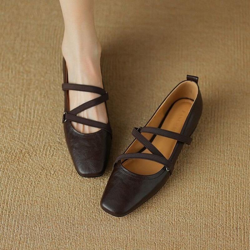 Autumn Square Head Shallow Mouth Single Shoes Women's New One-word Winding Belt Mary Jane Shoes Soft Leather Soft Sole Ballet Shoes