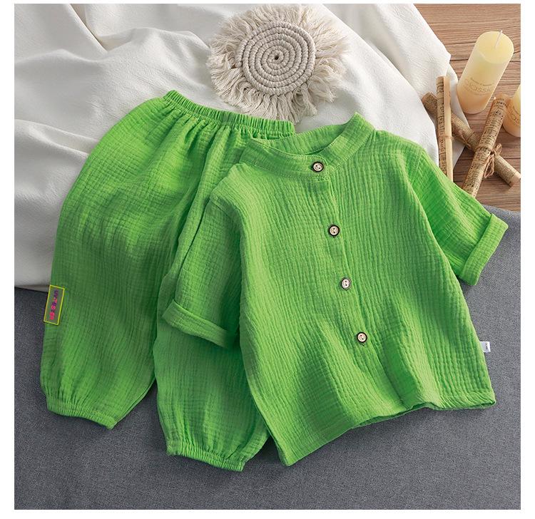 Kids' Stand Collar Cotton Gauze Summer Set - Lightweight Homewear for Boys & Girls