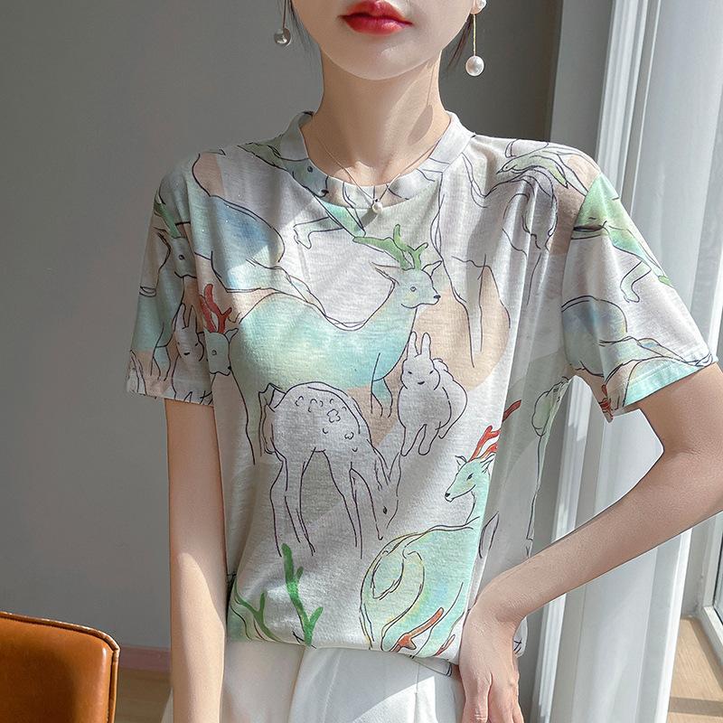 Jarní a letní móda Renderovaný potištěný pletený svetr s krátkým rukávem, volný, ležérní, tenký tencelový poloviční rukáv