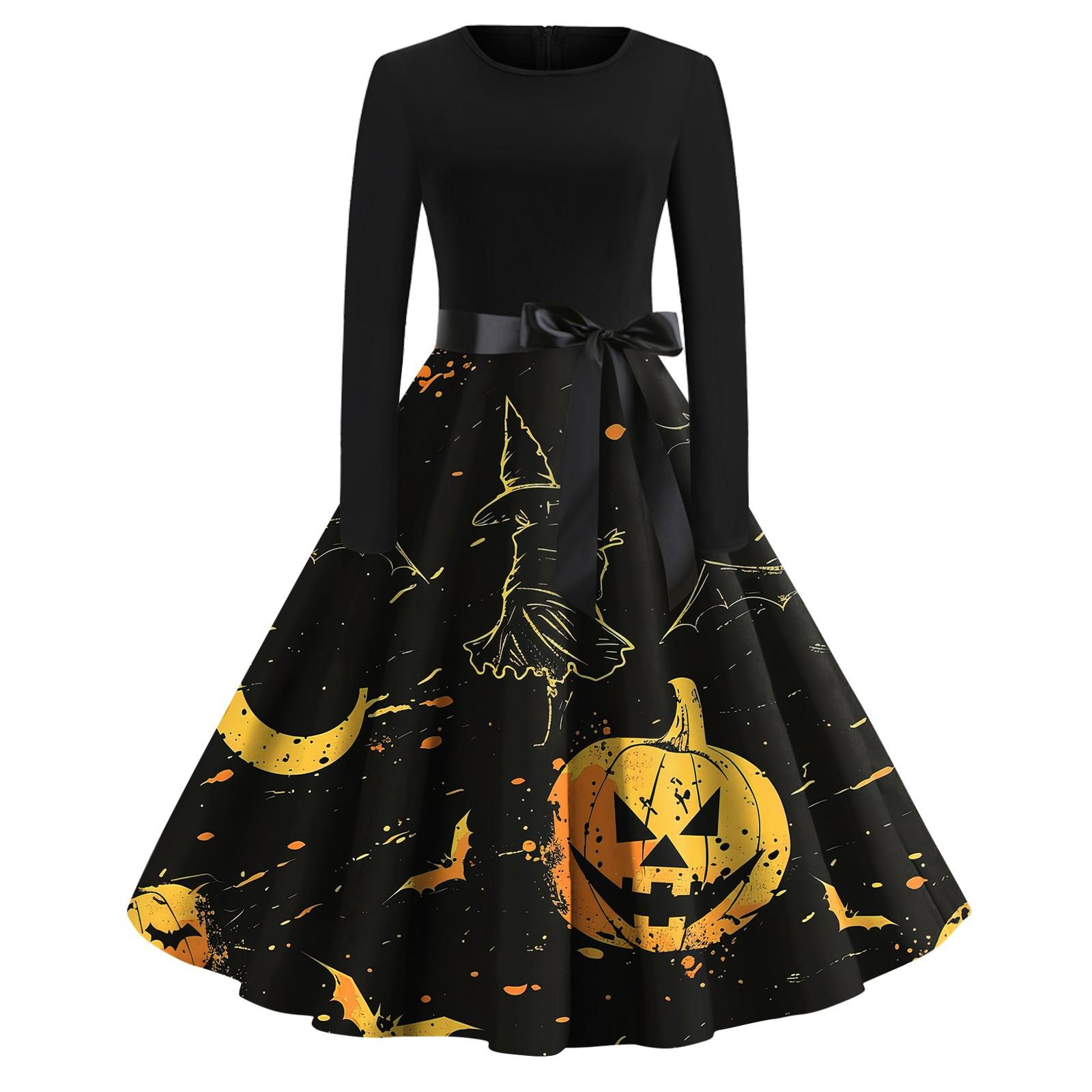 

Платье-клеш с принтом на Хэллоуин для женщин с длинным рукавом, повседневные платья с круглым вырезом и ажурной отделкой XXL жёлтый