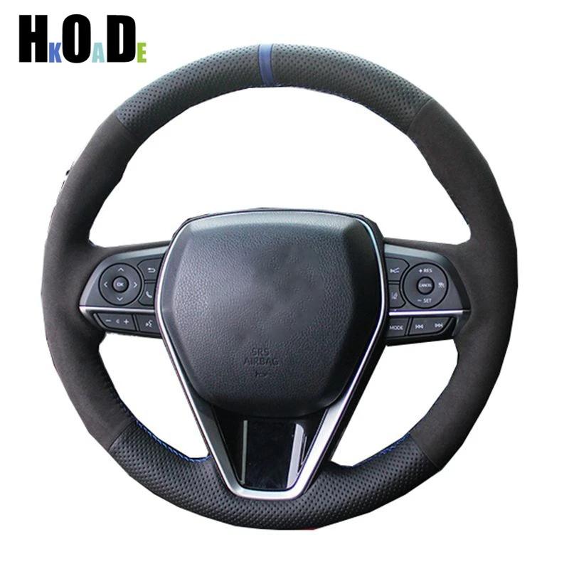 

Car Steering Wheel Cover For Toyota Camry 2018- RAV4 Avalon Corolla - Hand-Sewing Black Leather Blue Thread
