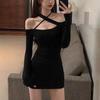 Plain Color Off Shoulder Long Sleeve Dress With High Waist For Office And Casual Wear