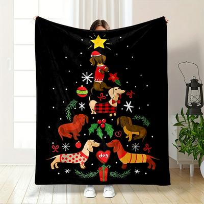 Dachshunds In Festive Outfits Arranged Like a Christmas Tree Pattern. for All Seasons Blanket Lunch Break Throw Gift