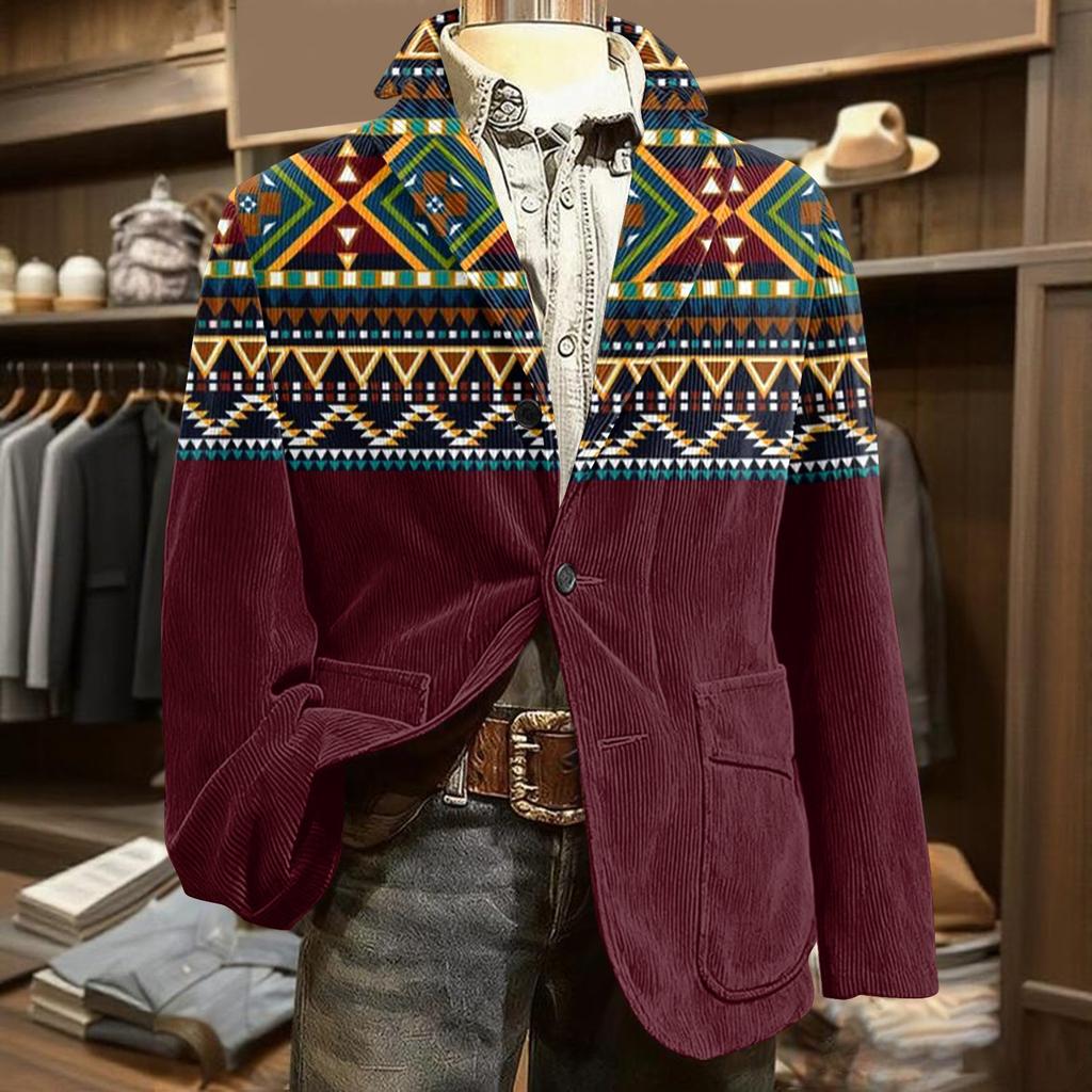 Herren Bedruckter Cord Warmes Taschen-Sakko Strickjacke Herren Freizeitanzug