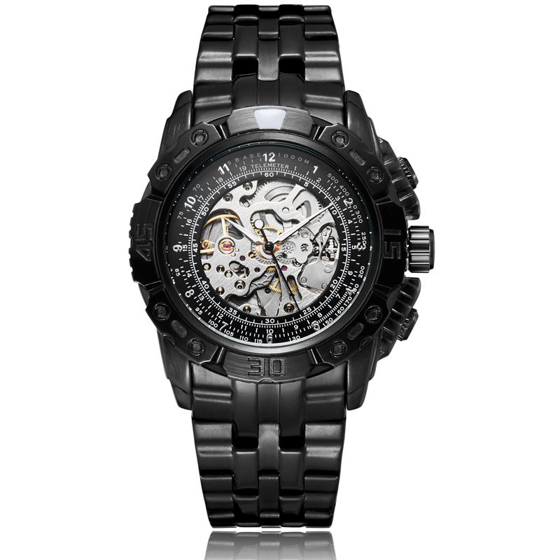 Luxury Silver Gold Automatic Mechanical Watch For Men Full Steel Skeleton Wristwatch Clock Over-sized Big Dial Relogio Masculino