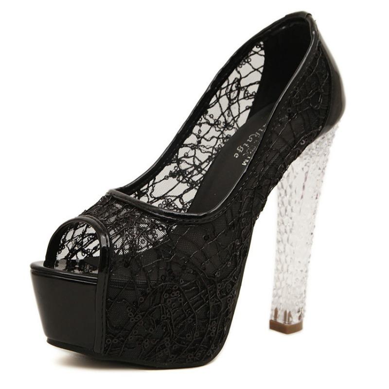 Fashion Fish Mouth Sandals Fashion Transparent 2025 New Summer Mesh Women Thick High Heel Crystal Shoes