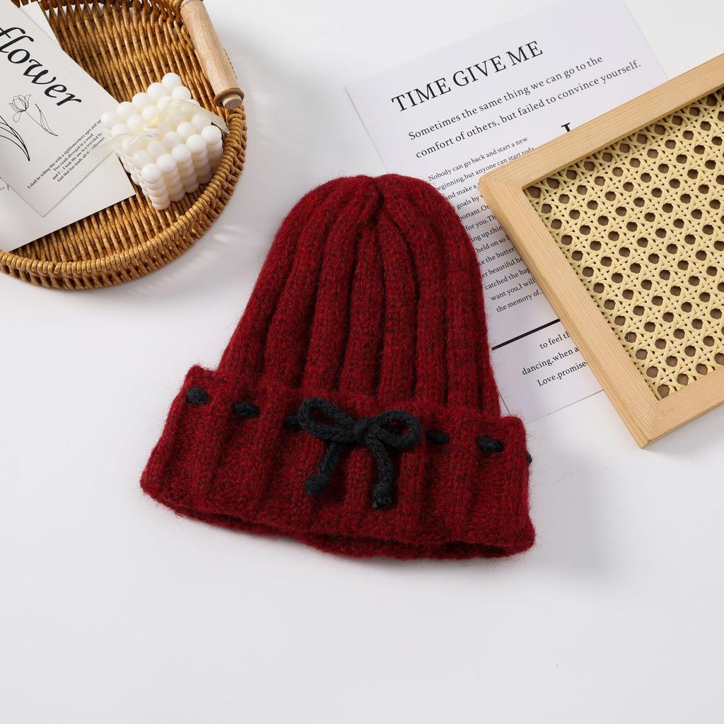 Winter 2025 Bow White Knitted Wool Cap Women's Plush Warm Big Head Circumference Baotou Hat Ear Protector Hat