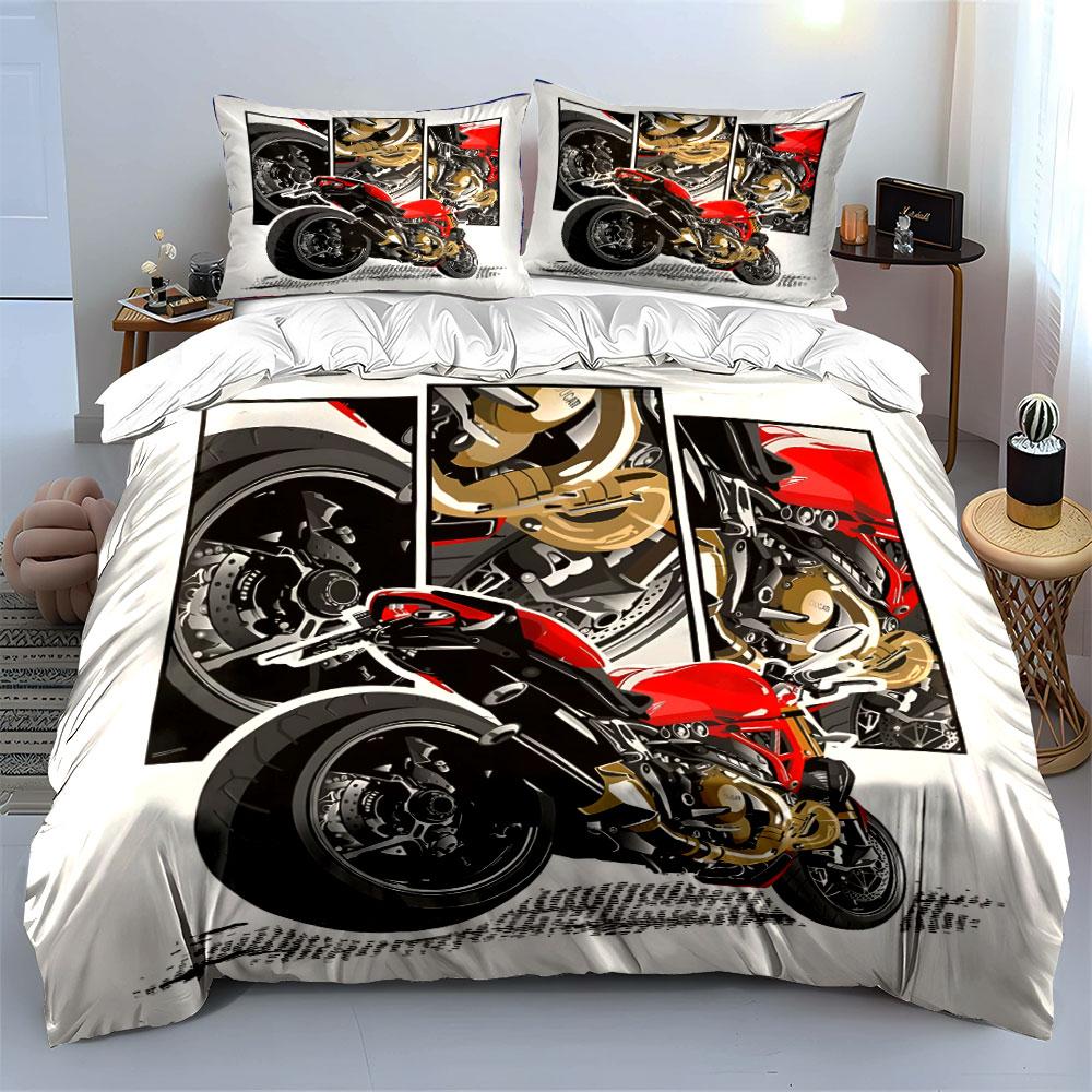 Rotes Sportmotorrad mit mechanischen Details Bettwäsche-Set für Kinder Luxuriöses Geschenk 3-teiliges Digitaldruck-Bettdecken-Set Weich Atmungsaktiv