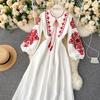 Fashion Retro Floral Print Midi Dress Women Elegant National Style Loose Vintage Party One Piece Dress Female Design