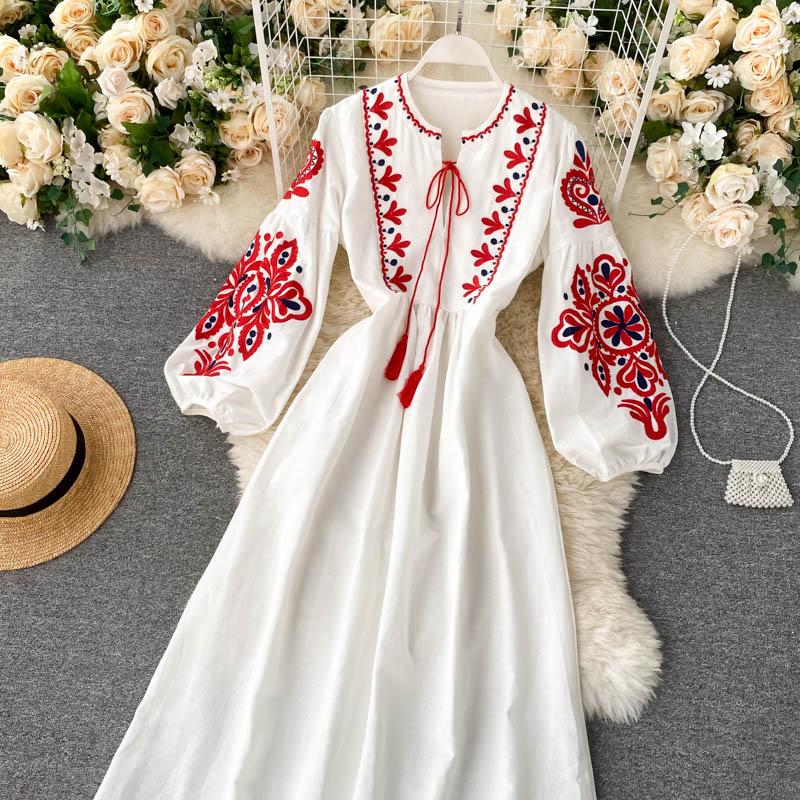 Fashion Retro Floral Print Midi Dress Women Elegant National Style Loose Vintage Party One Piece Dress Female Design